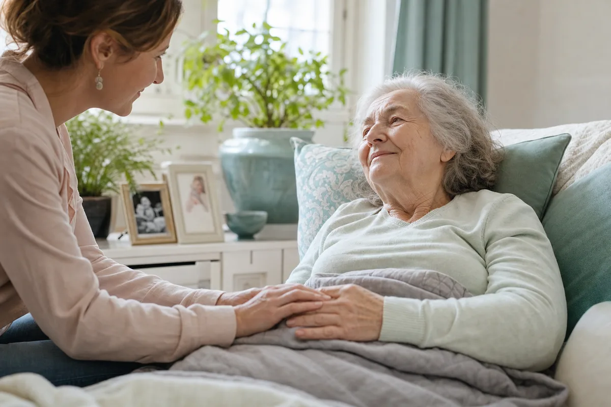 Palliativbetreuung zu Hause in Berlin, Betreuungskraft hält die Hand einer Seniorin