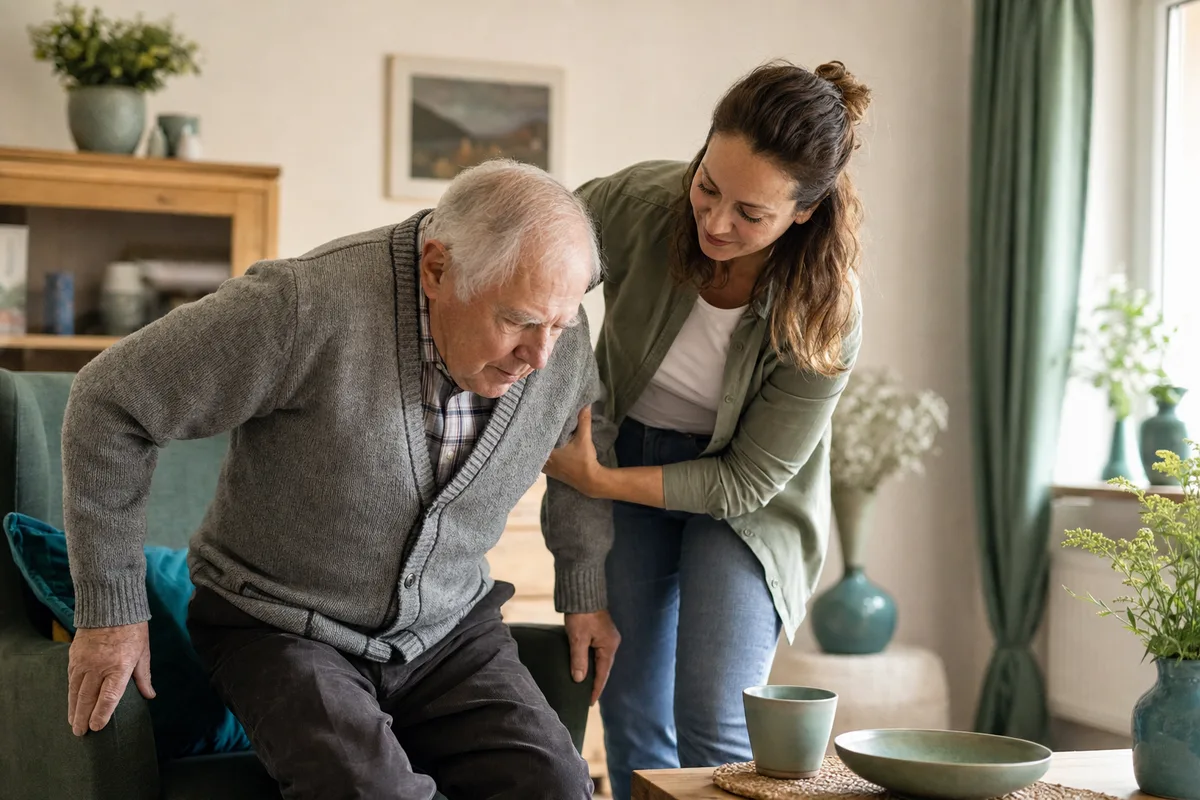 Parkinson-Betreuung zu Hause in Berlin, Betreuungskraft hilft Senior beim Aufstehen