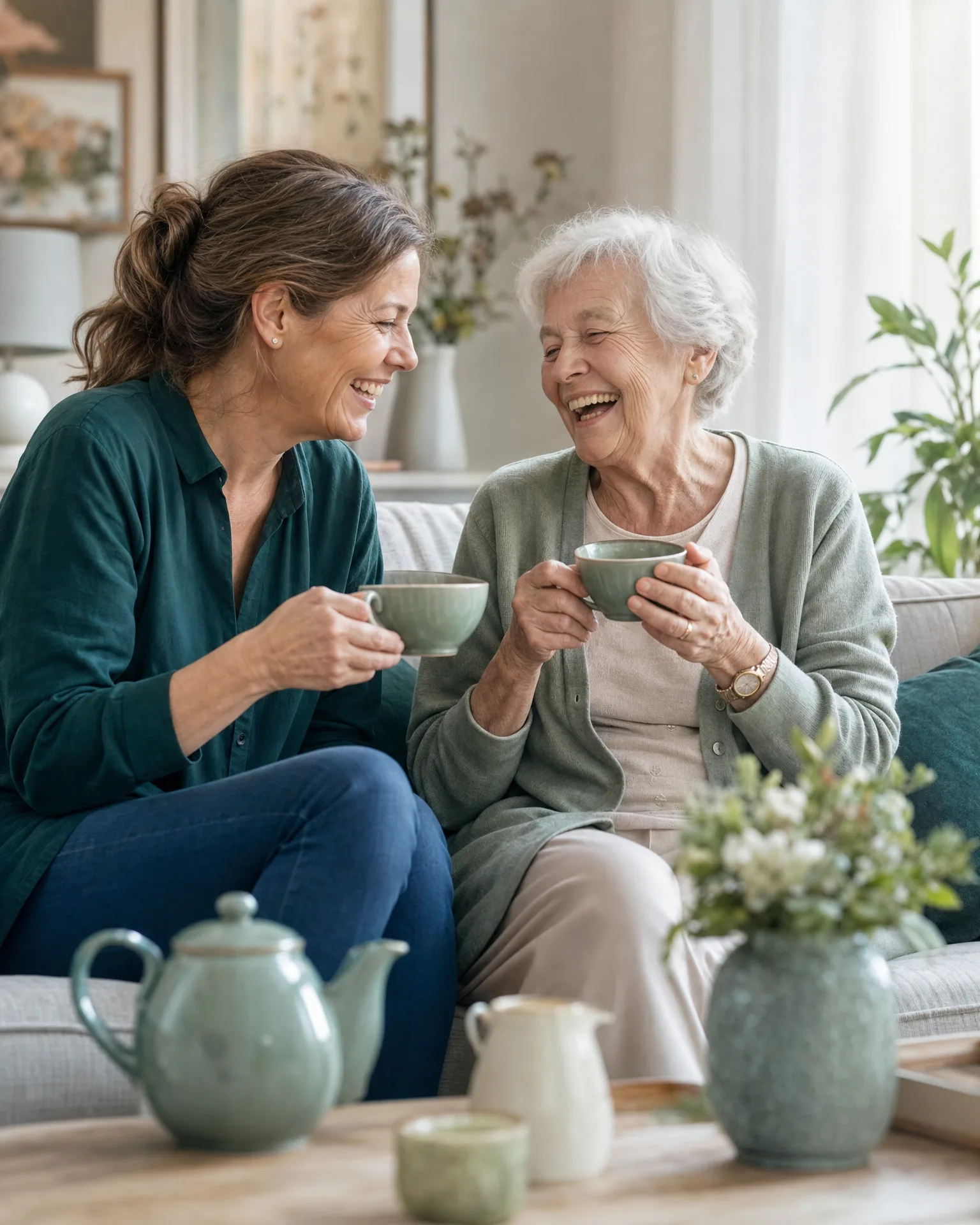 Betreuungskraft und Seniorin im Wohnzimmer in Berlin